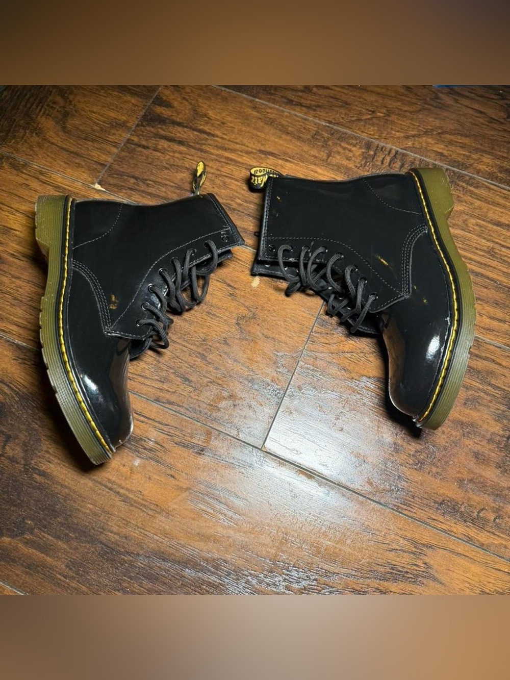 Dr. Martens Black Kids Lace-Up Combat Boots with Yellow Stitching